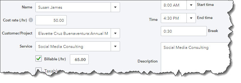 image of single time activity form for billing from QuickBooks Online Huntsville AL QuickBooks